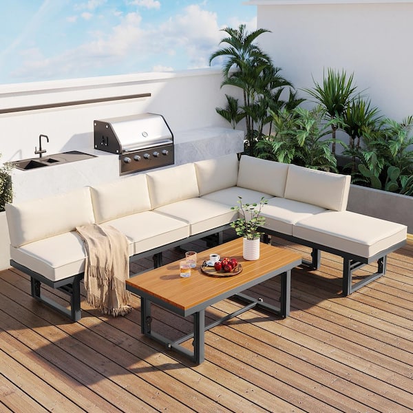 Unbranded Modern 7-Piece Multi-Functional Metal Outdoor Patio Conversation Set with Beige Cushions and Coffee Table