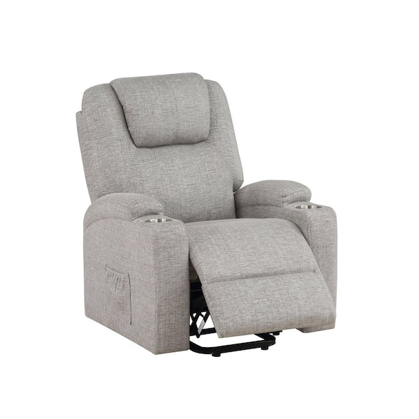 Light gray power lift recliner chair on a plain white background.