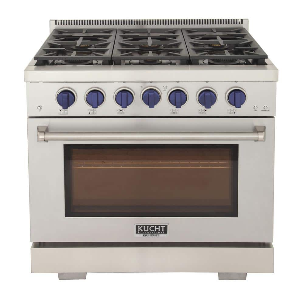 Kucht Pro-Style 36 in. 5.2 cu.ft. Propane Gas Range with 21K Power Burners, Convection Oven in Stainless Steel and Blue Knobs