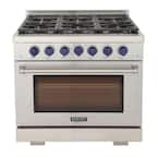 Pro-Style 36 in. 5.2 cu.ft. Propane Gas Range with 21K Power Burners, Convection Oven in Stainless Steel and Blue Knobs