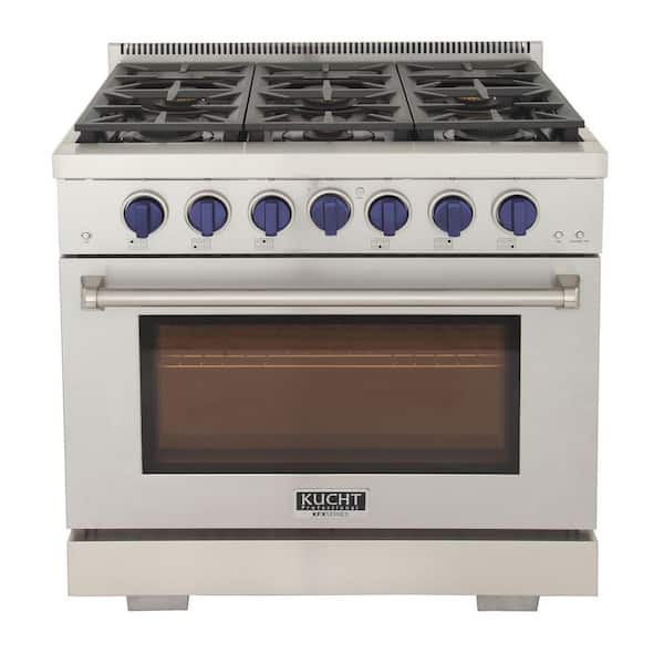 Kucht Pro-Style 36 in. 5.2 cu.ft. Propane Gas Range with 21K Power Burners, Convection Oven in Stainless Steel and Blue Knobs