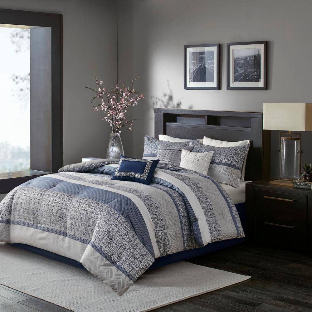 Navy and Gray Jacquard King Comforter Set with Decorative Pillows
