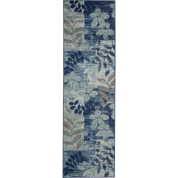 2 ft. x 7 ft. Blue Floral Washable Area Rug