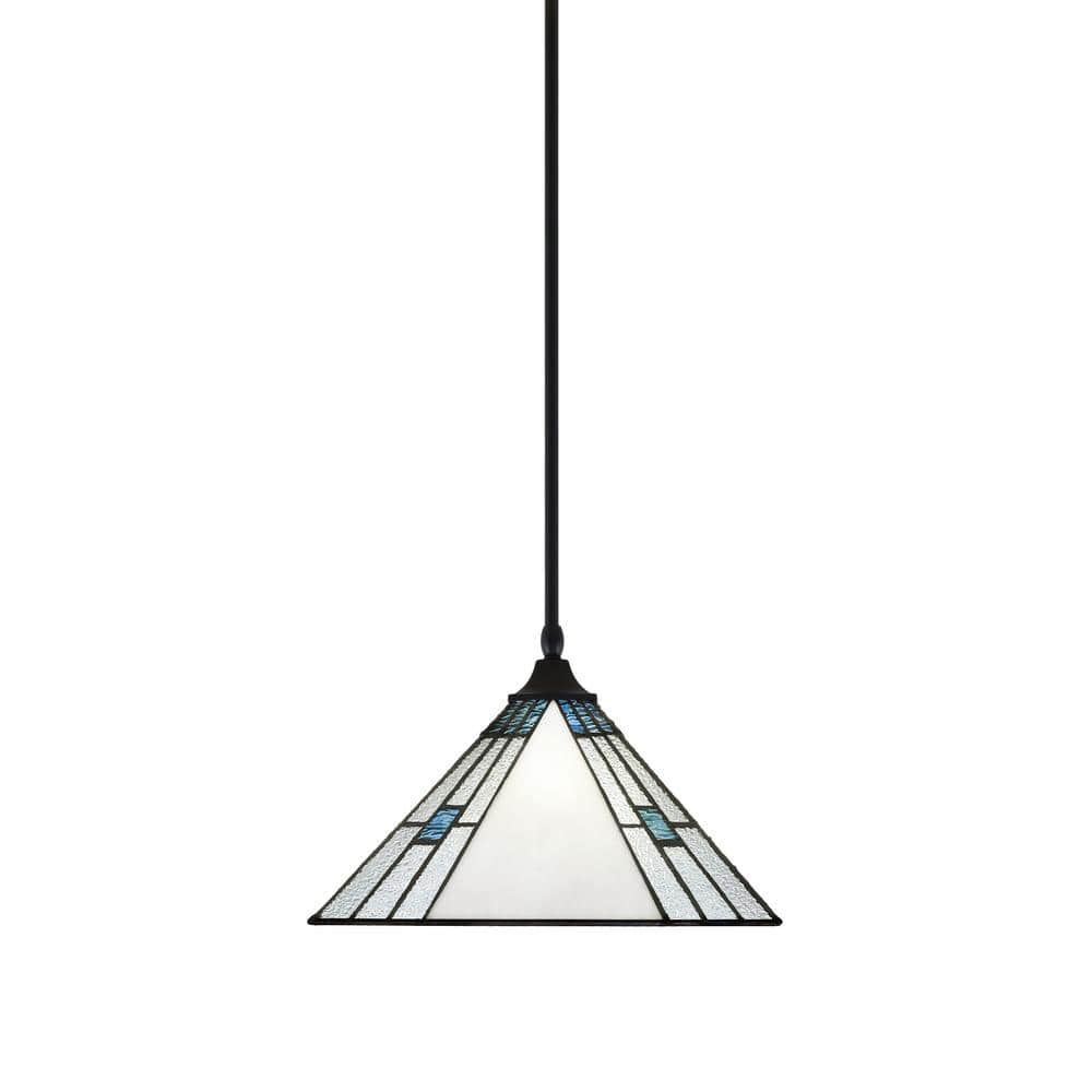 Kingston 14 in. 1-Light Matte Black Stem Pendant Light with 14 in. Sky Ice 