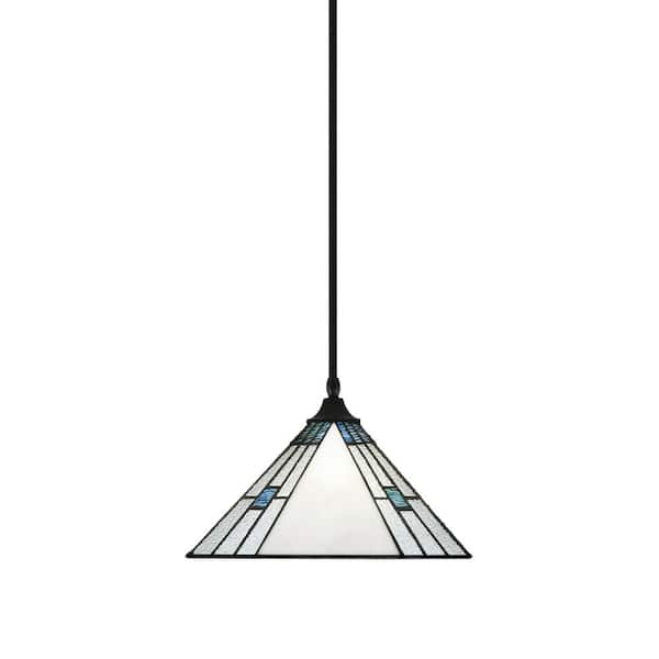 Unbranded Kingston 14 in. 1-Light Matte Black Stem Pendant Light with 14 in. Sky Ice Art Glass Shade, no bulb included