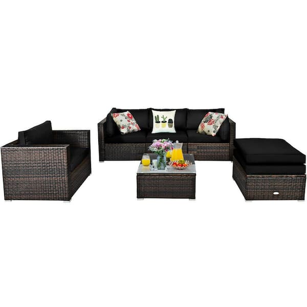 FORCLOVER 6-Pieces Rattan Patio Conversation Set with Sectional Black Cushions
