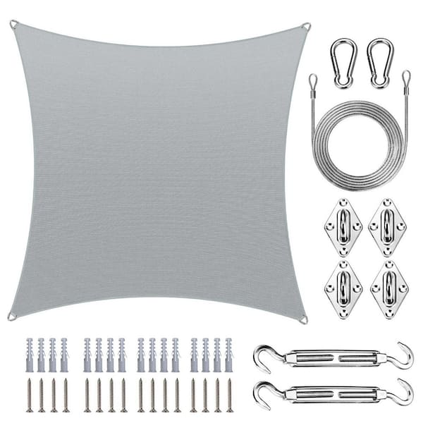 Pro Ring 20 ft. x 20 ft. Square Sun Shade Sail with Hardware Kit and Rope-Grey