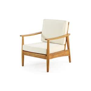 Greta Teak Wood Outdoor Patio Lounge Chair with Beige Cushion