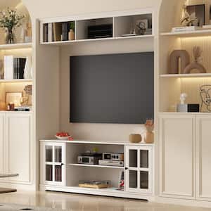 White Wooden TV Stand Fits TV's up to 75 in. with Open Shelves and Tempered Glass Door Cabinet