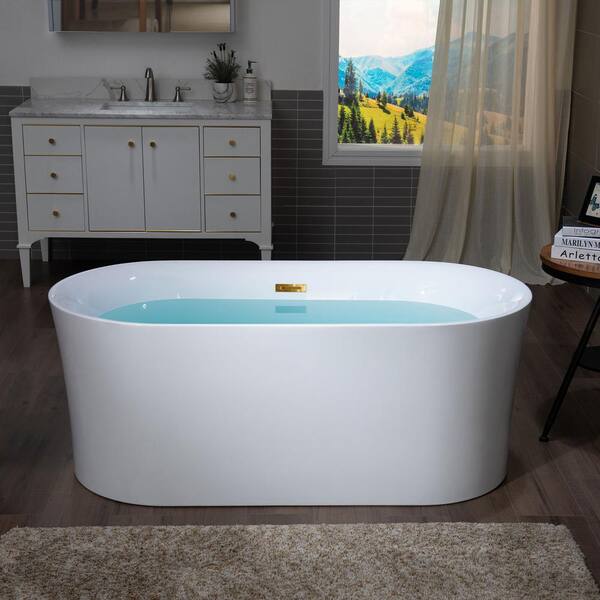 WOODBRIDGE Coli 59 in. Acrylic FlatBottom Double Ended Bathtub with Brushed Gold Overflow and
