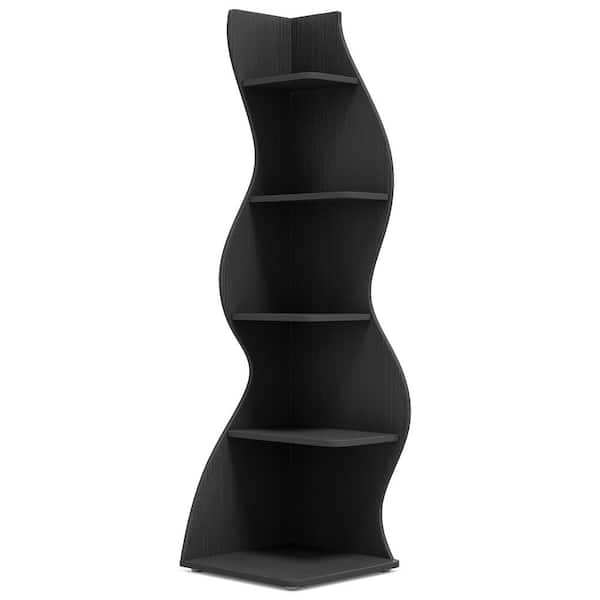 BYBLIGHT Eulas 69.8 in. Tall Black Engineered Wood 5-Shelf Standard Bookcase Corner Shelf with Storage