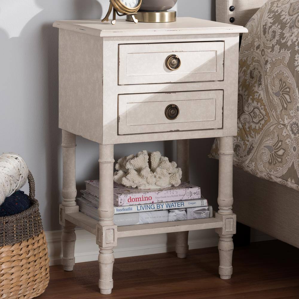 Whitewashed Farmhouse Charm 2-Drawer Nightstand with Bronze Pulls