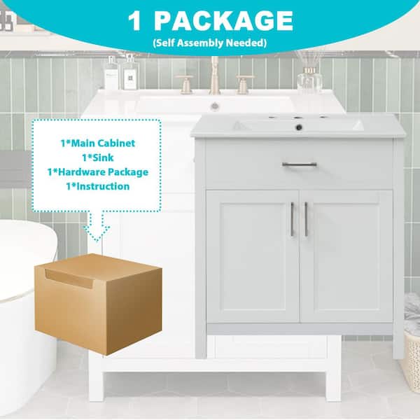 29.9 in. W x 18.3 in. D x 33.86 in. H White Bathroom Vanity Freestanding and Ample Storage,Top Ceramic with White Basin