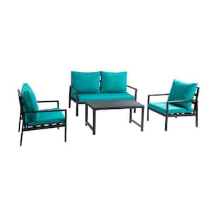 Enfants 4-Piece Aluminum Patio Fire Pit Outdoor Sofa Set with Teal Cushions