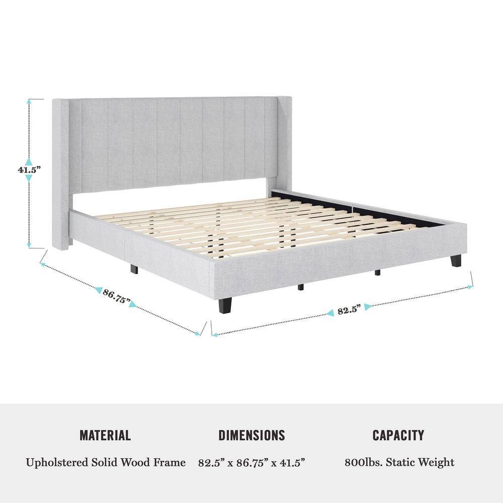 Gray King Upholstered Platform Bed with Linen Wingback Headboard