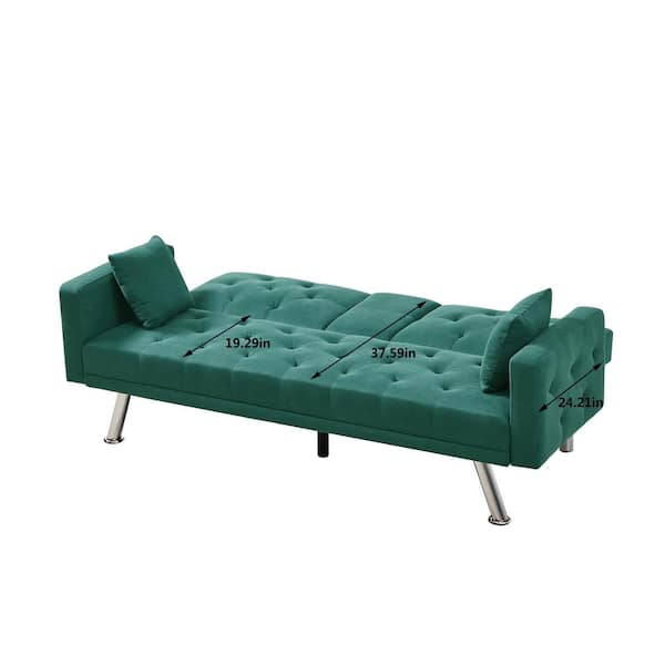 ANBAZAR 75.59 in. Linen Convertible Sofa Bed with Square Arm Armrests, 2 Cup Holders and Pillows-Green