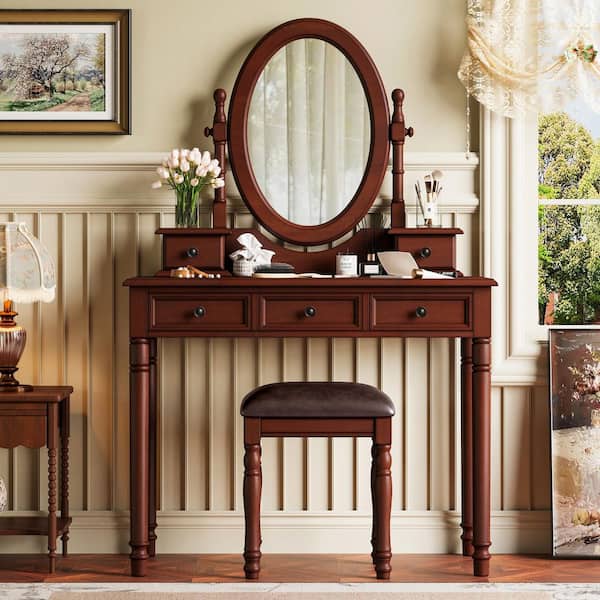 2-Piece Walnut Vintage Makeup Vanity Desk with Adjustable Angle Mirror, Cushioned Stool, 5 Drawers