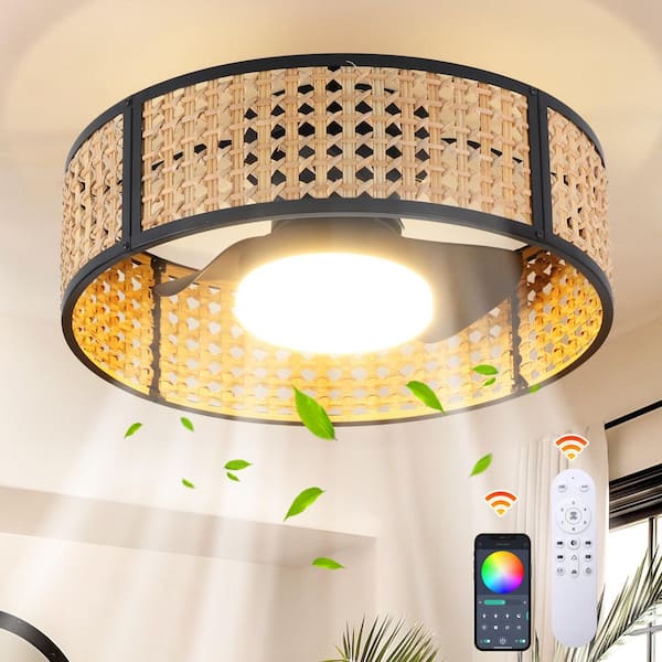 20 in. Indoor Black Farmhouse Wood Standard Caged Flush Mount Ceiling Fan with Dimmable RGB Integrated LED and Remote