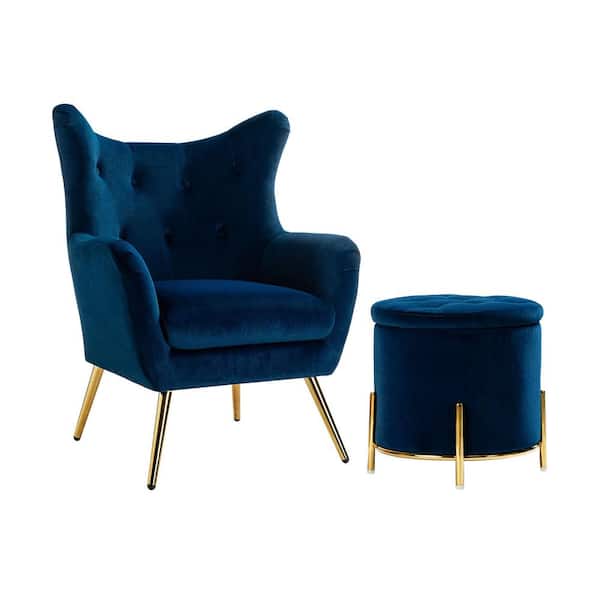 JAYDEN CREATION Esteban 29 in. Navy Polyester Wingback Chair with Ottoman
