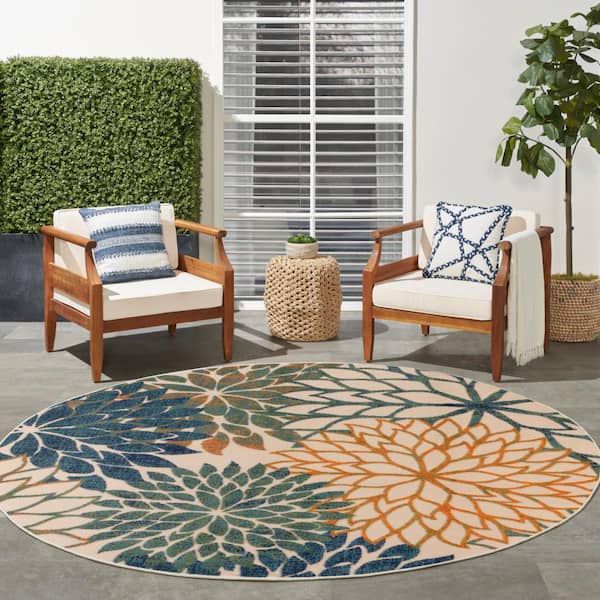 Aloha Blue Green 5 ft. x 5 ft. Floral Contemporary Round Indoor/Outdoor Area Rug