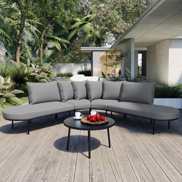 Gray 4-Piece Metal Patio Conversation Sectional Seating Set with Cushion Guard Gray Cushions​