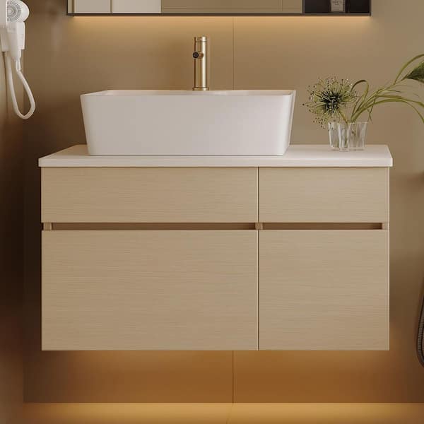32 in. Single Sink Floating White Wood Bath Vanity with White Cultured Marble Top
