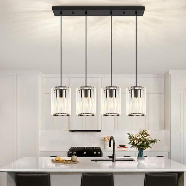 4-Light Black Modern Kitchen Island Pendant Light with Crystal Glass Shades and Adjustable Height