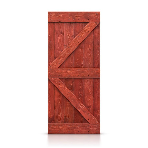 CALHOME K Series 30 in. x 84 in. Pre Assembled Cherry Red Stained Solid Pine Wood Interior Sliding Barn Door Slab