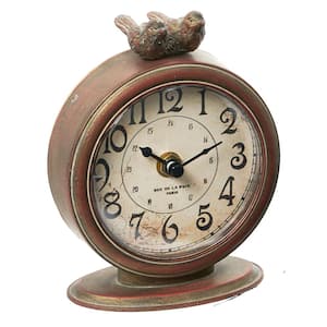 Distressed Brown Vintage Pewter Mantel Clock with Birds