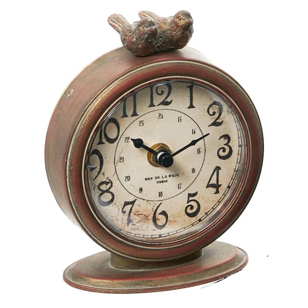 Storied Home Distressed Brown Vintage Pewter Mantel Clock with Birds