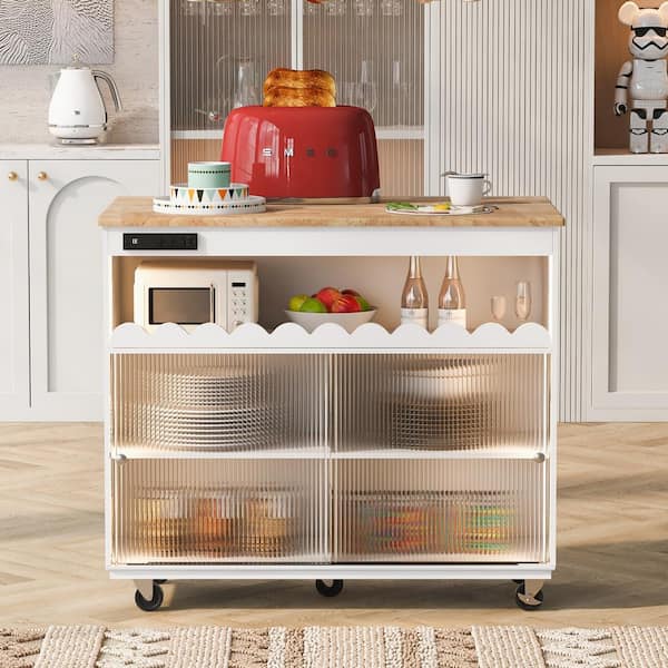 OLUMAT White Rubber Wood 44 in. Kitchen Island with LED, 2 Cabinet and 1 Open Shelf