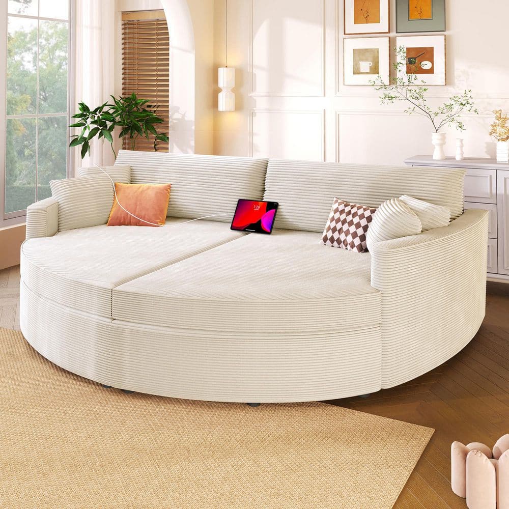 102.3 in. Oversized Corduroy 2-Seater Loveseat Sofa in Beige, Double Chaise Lounge with Deep Seat and USB Ports