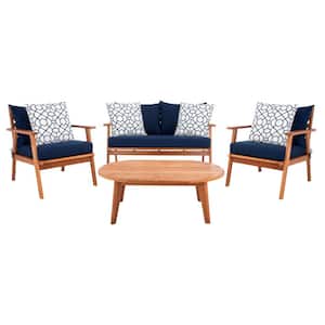 Deacon Natural 4-Piece Wood Patio Conversation Set with Navy Cushions