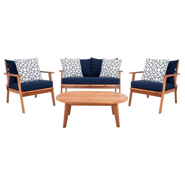 SAFAVIEH Deacon Natural 4-Piece Wood Patio Conversation Set with Navy Cushions