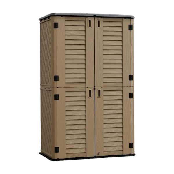 515 gal. Deck Box Brown Double-Layered Outdoor Storage Shed Waterproof Resin Vertical Storage Cabinet