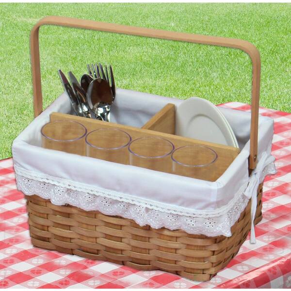 Vintiquewise 12.2 in. W x 9 in. x 6.5 in. H Woodchip Picnic Caddy Basket Lined with Lace Trim