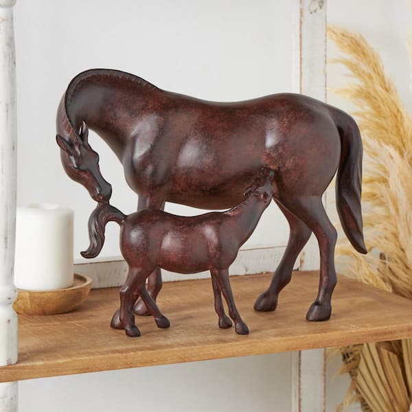 Dark Brown Polystone Horse Sculpture with Mom and Baby