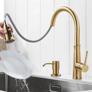 Single Handle Pull Down Sprayer Kitchen Faucet with Soap Dispenser in Gold