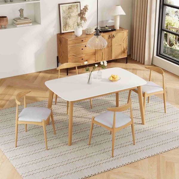 5-Piece Rectangle Beige/White/Oak Wood Top Dining Room Set Seats 4