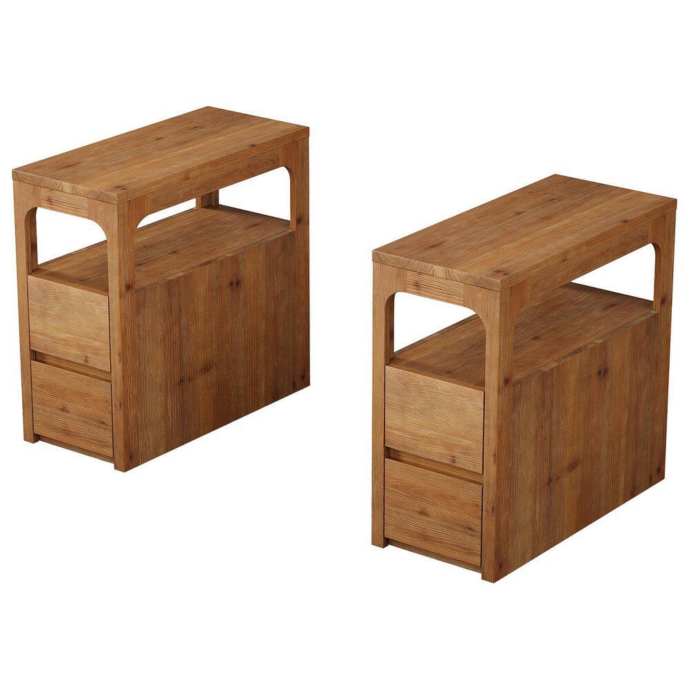 Kerlin 23.62 in. Brown Rectangle Solid Wood End Table Set of 2, Farmhouse Side Table with 2 Drawers