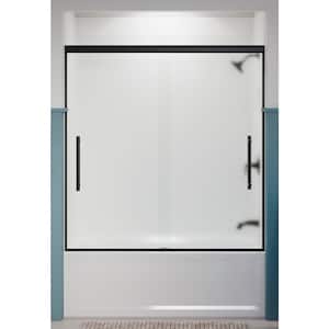 Pleat 59.625 in. x 63.5625 in. Frameless Sliding Bathtub Door in Matte Black with Frosted Glass