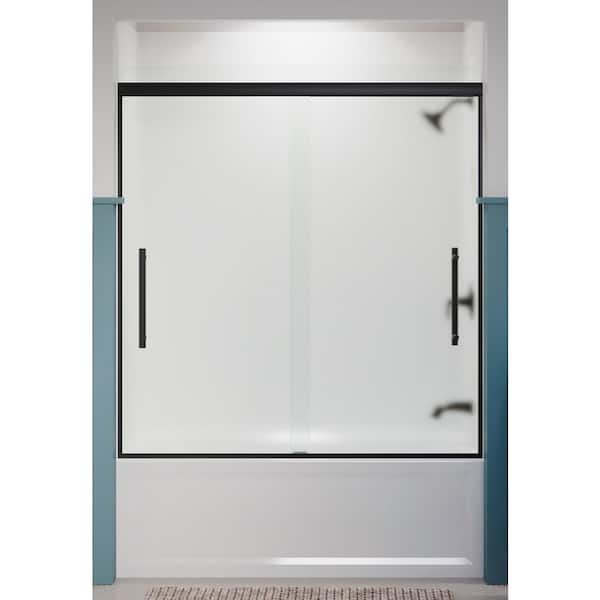KOHLER Pleat 59.625 in. x 63.5625 in. Frameless Sliding Bathtub Door in Matte Black with Frosted Glass