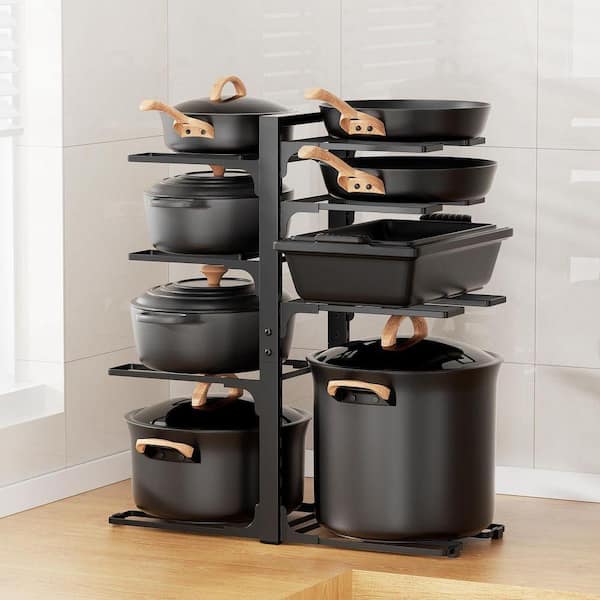 Black Adjustable 8-Tier Heavy Duty Under Cabinet Pot Rack Pot Organizer for Stockpots Dutch Ovens Cast Iron
