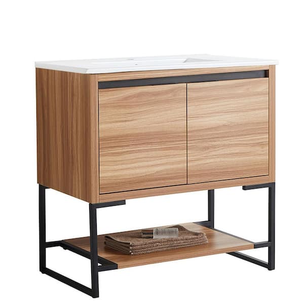 ANTFURN 18.00 in. W x 36.00 in. D x 35.00 in. H Freestanding Bath Vanity in Maple with White Ceramic Top