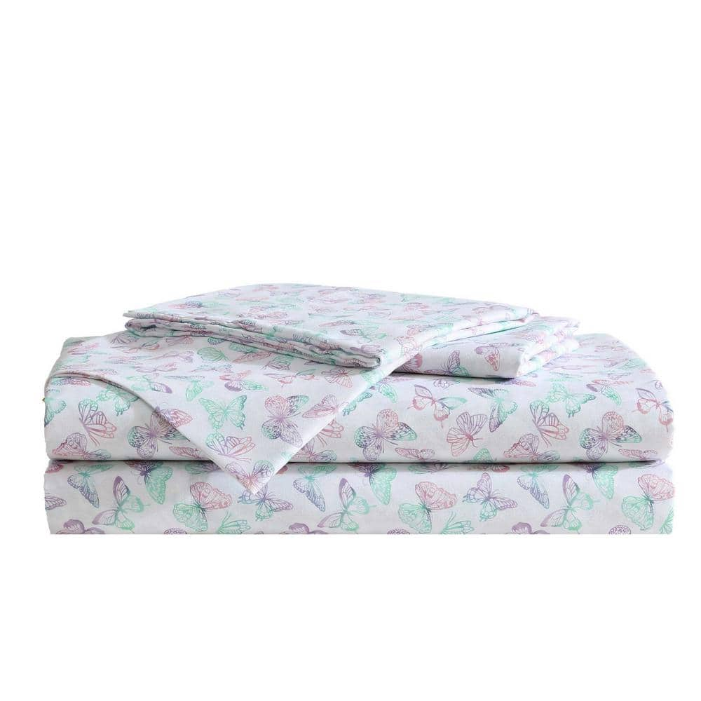 BETSEY JOHNSON Butterfly Rainbow 3-Piece Purple/Green/Blue Microfiber Twin Xl Sheet Set