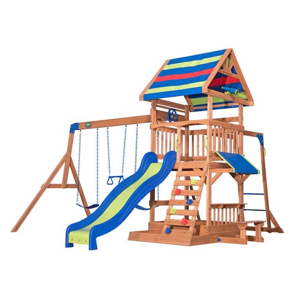 Backyard Discovery Beach Front All Cedar Wood Outdoor Children's Playset Swing Set w/ Monkey Bars Wave Slide Rockwall and Play Accessories