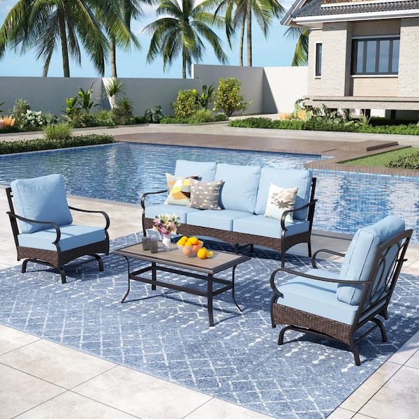 PHI VILLA Brown Rattan 4-Piece 5 Seat Steel Outdoor Patio Conversation Set with Blue Cushions, Motion Sofas and Wood-Grain Table
