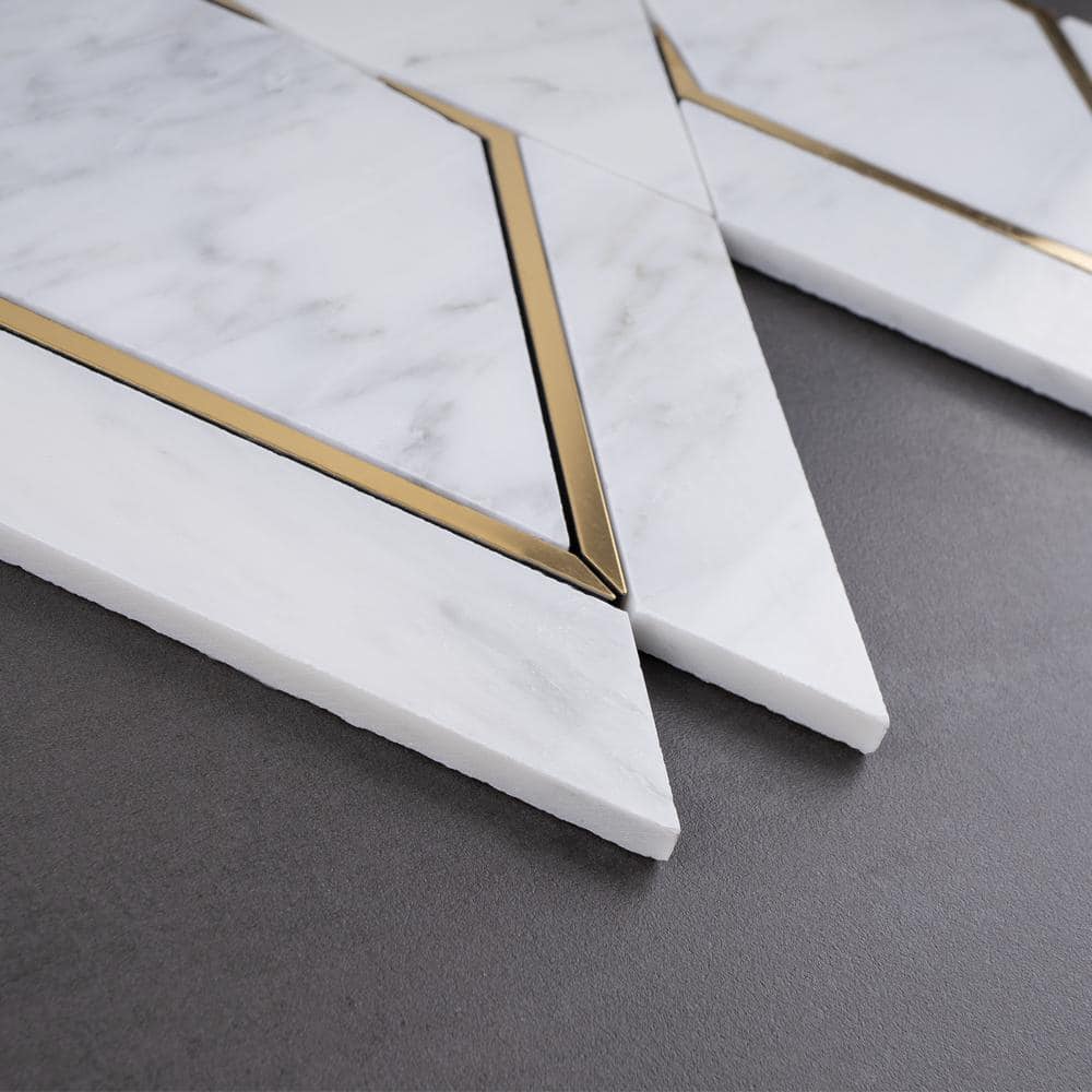 White and Gold Geometric Polished Marble Mosaic Wall Tile