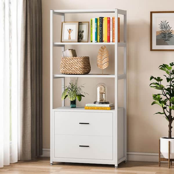 BYBLIGHT Eulas 60 in. Tall White Engineered Wood 4-Shelf Etagere Standard Bookcase with 2-Drawers for Home Office
