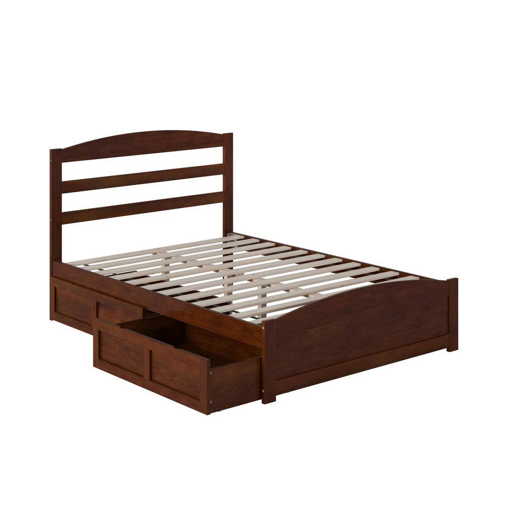 Walnut Full Platform Bed with Storage Drawers and Slatted Headboard